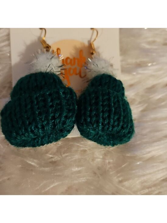 Handmade Jewelry - Handmade Jewelry Hand Knit Mini Christmas Hat Green white and silver pom-pom 2"